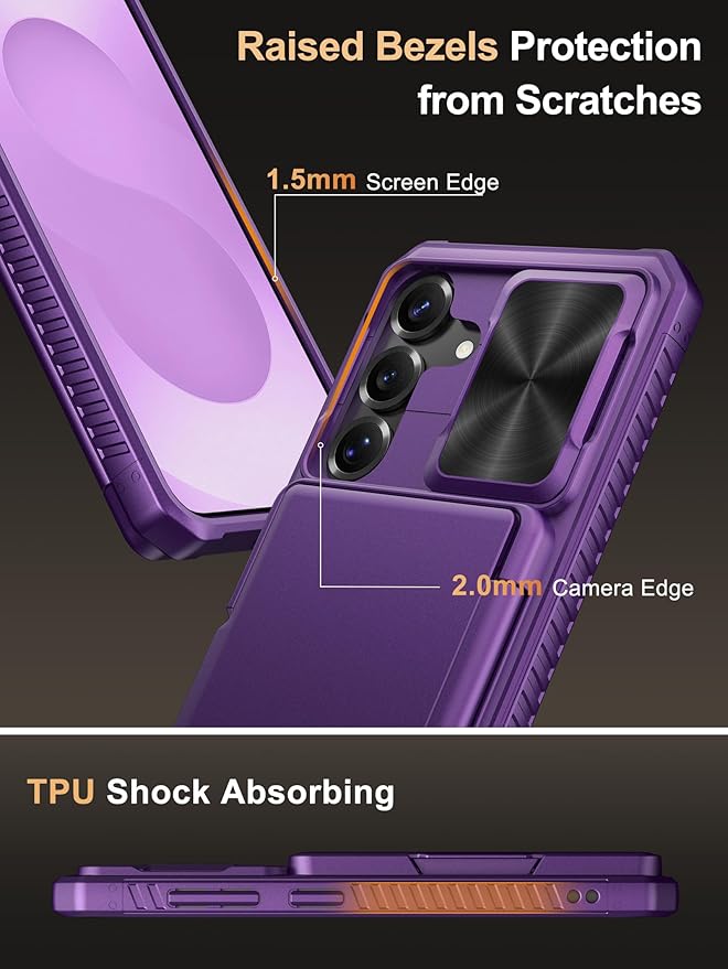 Vihibii for Samsung Galaxy S25 Wallet Case, Built-in Card Holder (4 Cards), [RFID Blocking] & Slide Camera Cover, Military Grade Drop Protection, Rugged Case for Samsung Galaxy S25 6.2", Dark Purple