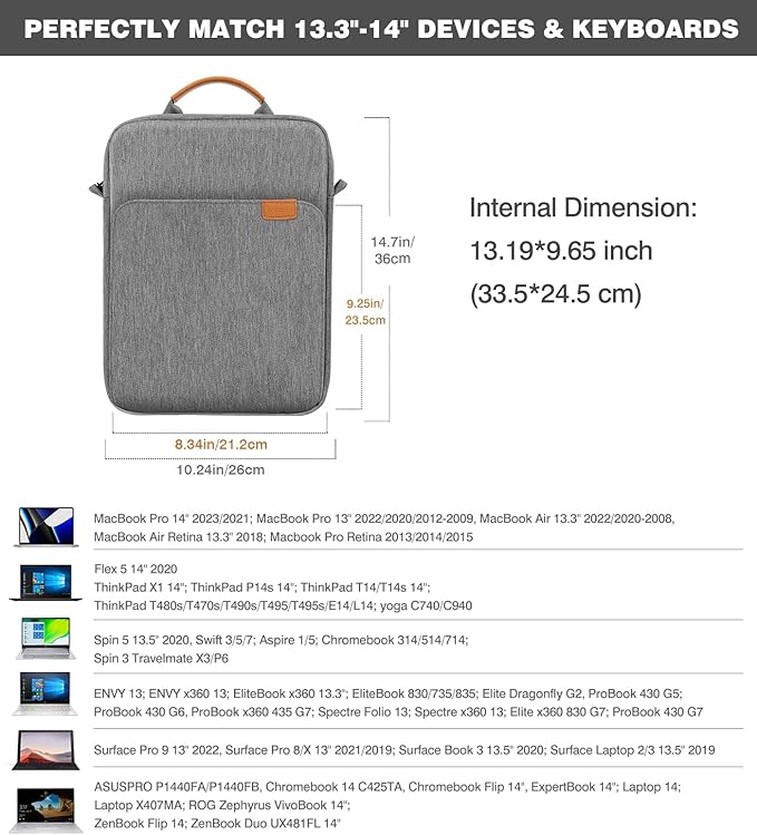 MoKo 13.3-14 Inch Laptop Sleeve Bag Fits MacBook Pro M3/M2 14" 2023, MacBook Pro 13" M2, New MacBook Air 13.6" M3/M2 2024/2022,Tab S8 Ultra 14.6",Handle Carrying Case with Shoulder Strap, Dark Gray
