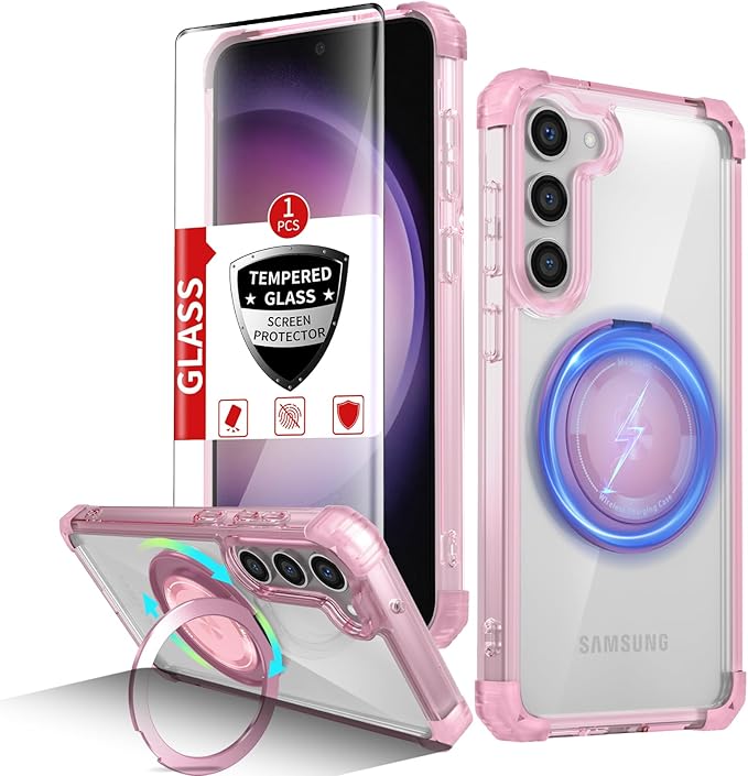 for Samsung Galaxy S23 Plus Case Magnetic Compatible with MagSafe Wireless Charging,with Screen Protector,for S23+Plus Phone Case with Stand Ring Shockproof Military Grade Drop Protection Pink
