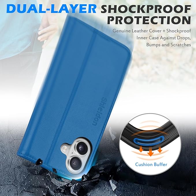 SHIELDON Genuine Leather Case for iPhone 17 6.3 Inch 2025 | Folio Wallet Design, Kickstand, RFID Blocking, 3 Credit Card Slots, Magnetic, Shockproof Phone Cover for Women Men - Sapphire Blue