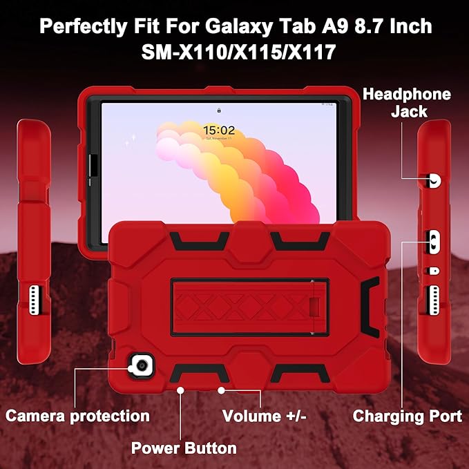 CCMAO Case for Samsung Galaxy Tab A9 Case 8.7 Inch 2023 Model, Heavy Duty Shockproof Hybrid Three Layer Protective Cover with Kickstand for Samsung A9 Tablet 8.7" (SM-X110/X115/X117), Red+Black