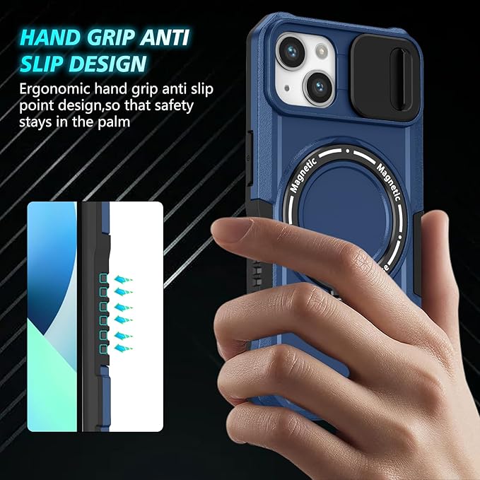 for iPhone 15 Plus Case Compatible with MagSafe Wireless Charging Magnetic for 15 Plus Case with 2 Screen Protector,Built-in Kickstand & Camera Cover Shockproof Heavy Duty Protection Blue