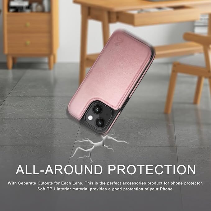 DJDUCK Designed for iPhone 14 Case Wallet with Card Holder, [Magnetic Clasp Cover] [RFID Blocking Leather Protection] Shockproof Women Men Cases 6.1 Inch for Apple 14 Rose Gold