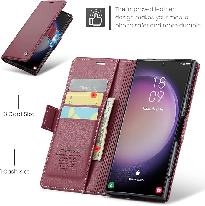 AUPAI for Samsung Galaxy S23 Ultra Wallet Case with Credit Card Holder, PU Leather RFID Blocking Folio Flip Kickstand Magnetic Clasp Protective Phone Cover for Women Men Wine Red