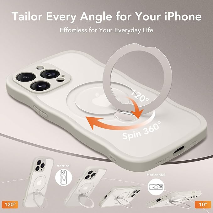 GolbinBox for iPhone 15 Pro Case,[Compatible with Magsafe][360°Magnetic Stand][Cute Wave Edge][18ft Military-Grade Protection] Translucent Matte Phone Women Case for iPhone 15 Pro,Stone
