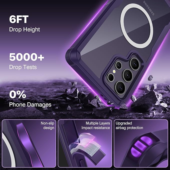 CENHUFO Magnetic Privacy for Samsung Galaxy S24 Ultra Case, Full Body Phone Case with Built-in Privacy Screen Protector and Camera Lens Cover, Anti Peep Shockproof Protective Clear Bumper - Purple