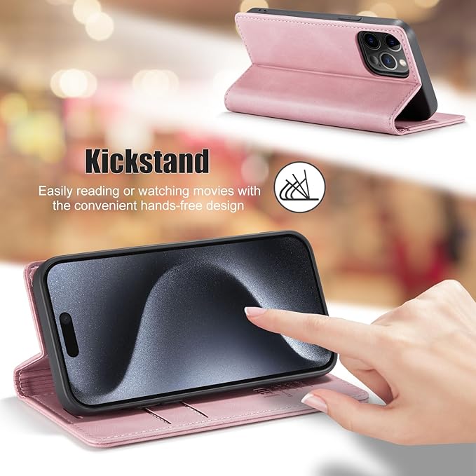japezop iPhone 15 Pro 5G Wallet Case with [RFID Blocking],Card Holder Kickstand Magnetic,Leather Flip Case Wallet for iPhone 15 Pro 5G 6.1 Inch(Pink)