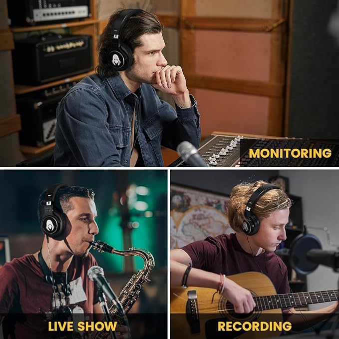 Wired Over Ear Headphones Studio Monitor Podcast Closed Back Headsets with 50mm Neodymium Drivers and 1/4 to 3.5mm Jack for AMP Computer Recording Mixing DJ Guitar Keyboard Laptop - Black