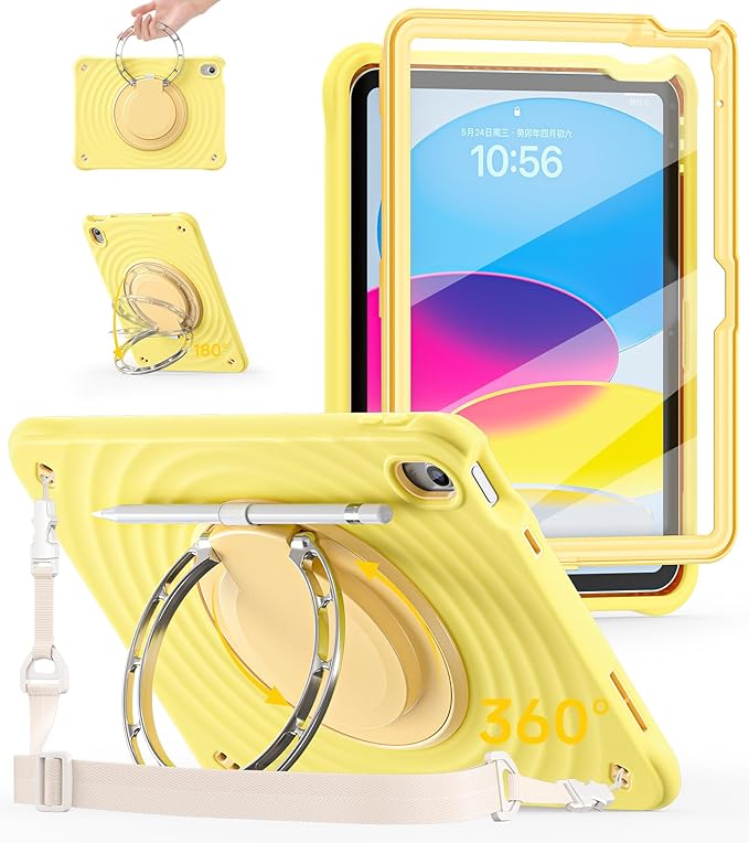 BRAECN Ripple Case for iPad (A16)11th/10th Generation 11/10.9 inch 2025/2022 Zinc Alloy Handle Ring Stand Protective Heavy Duty Screen Protector 360°Rotating 180°Folding Shoulder Strap Full-Body Cover