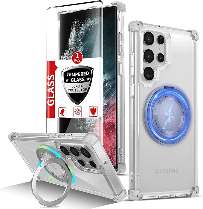 for Samsung Galaxy S22 Ultra Case Compatible with MagSafe Magnetic,with Screen Protector,with Kickstand Ring Military Grade Drop Heavy Duty Protection Shockproof for S22 Ultra Phone Case Clear
