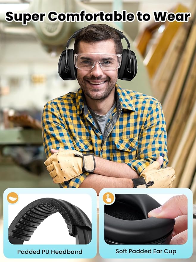 Dr.meter Hearing Protection Ear Muffs, 31dB Noise Reduction Safety Earmuffs with Adjustable Headband for Adults Kids Autism Sensory, Ear Muff for Yard Work, Mowing or Hunting -Pure Black