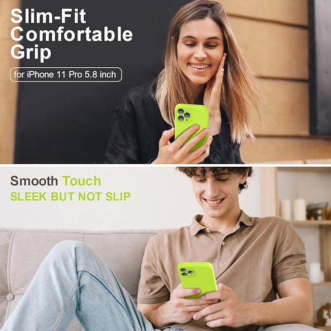 Vooii Compatible with iPhone 11 Pro Case, Upgraded Liquid Silicone with [Flat Edges][Camera Protection][Soft Anti-Scratch Microfiber Lining] Phone Case for iPhone 11 Pro 5.8 inch - Fluorescent Green