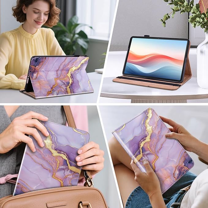 Case for Samsung Galaxy Tab S10 Lite/S10 FE/S9 FE 5G 10.9 Inch/Tab S9 11 Inch, Tablet with Pencil Holder, Multiangle Stand Wallet Design Cover, Purple Marble