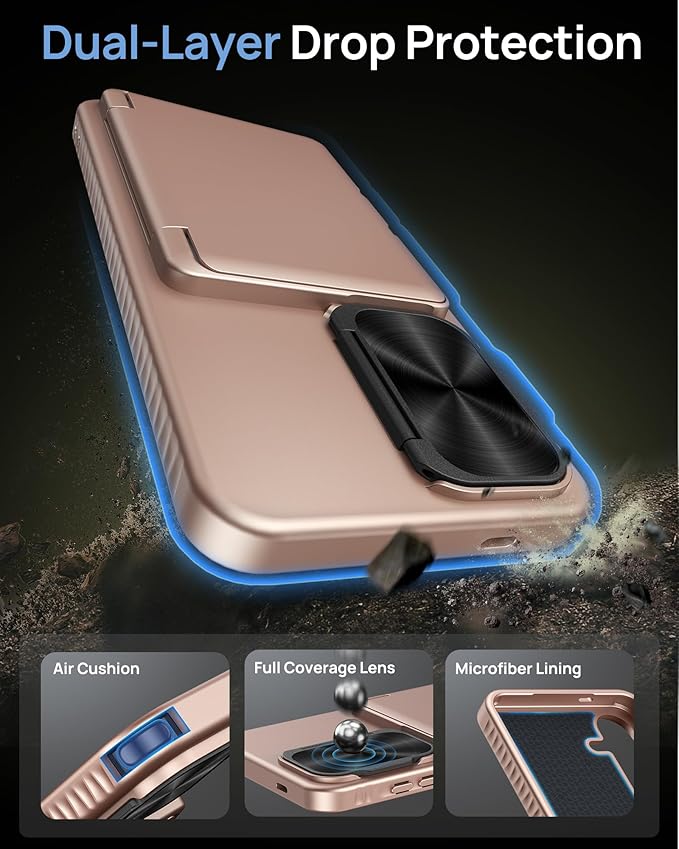 for Samsung Galaxy S25 Case with Card Holder & Camera Lens Cover Stand, Military Grade Drop Protection Shockproof Rugged Kickstand Wallet Protective Phone Case for Samsung S25 2025, Rose Gold