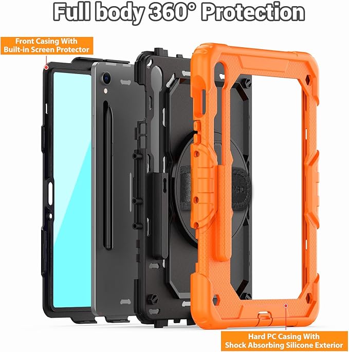 SEYMAC Case for Samsung Galaxy Tab S10 Lite/ S10 FE/ S9 FE/ S9 5G (10.9''/11''), Heavy Duty Shockproof Protective Case with Screen Protector, Rotating Stand, Hand Strap and Pen Holder, Orange