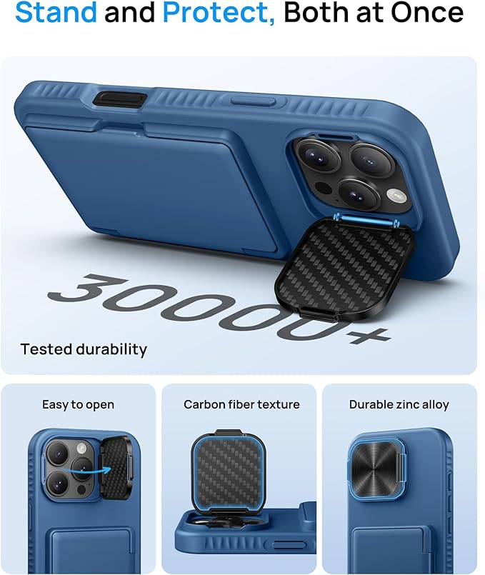 for iPhone 16 Pro Max Case with Card Holder & Kickstand, Built-in Camera Lens Cover, Shockproof Rugged Silicone Raised Edge Protective Stand Wallet Phone Cover Case for 16 Pro Max 6.9", Blue