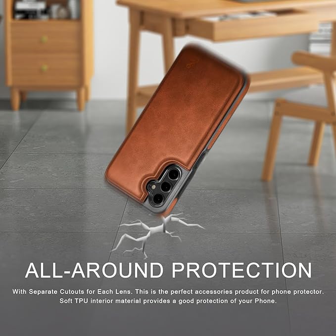 DJDUCK Designed for Samsung Galaxy S25 Case Wallet with Card Holder, [Magnetic Clasp Cover] [RFID Blocking Leather Protection] Shockproof Women Men Cases for Samsung S25 Light Brown