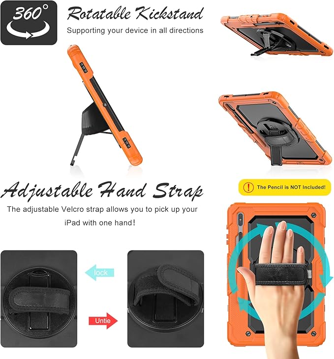 Tablet Case for Samsung Galaxy Tab S8 Plus 2022/S7 FE/S7 Plus 5G 12.4" [with 9H Tempered Glass Screen Protector],Rotating Kickstand/S Pen Holder/Shoulder & Hand Strap (Orange)