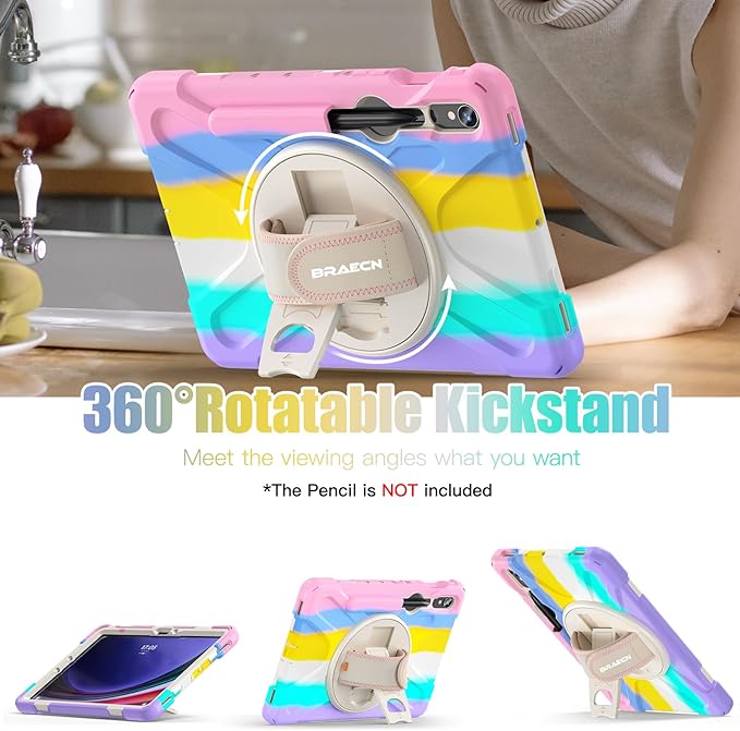 BRAECNstock Kids Case for Samsung Galaxy Tab S10 Lite/ S10 FE/ S9 FE/ S9/ S8/ S7 5G 10.9"/ 11", Shockproof Protective Case with Pen Holder, Rotating Hand Strap & Stand, Shoulder Strap, Colorful Pink