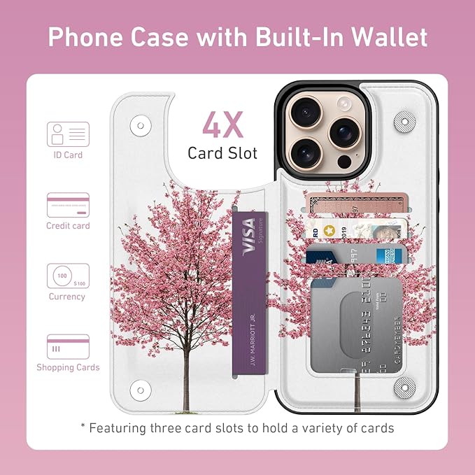 FUNMIKO for iPhone 16 Pro Max Wallet Case with Card Holder, RFID-Blocking, Military-Grade Protection & UV-Printed Artwork, Magnetic Closure with Leather Kickstand - Blooming Cherry Tree