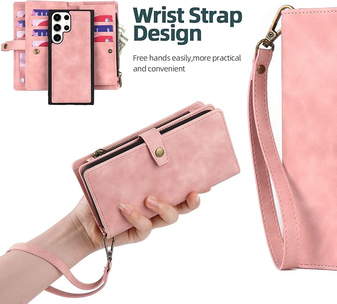 TwoHead for Samsung Galaxy S23 Ultra Wallet Case with Card Holder, PU Leather Detachable Magnetic Phone Case for S23 Ultra 6.8 in(Dream Pink)