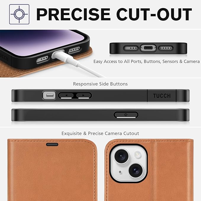 TUCCH Wallet Case for iPhone 14 6.1", [RFID Blocking] [4 Card Slot] Kickstand [Shockproof TPU Interior Case], PU Leather Magnetic Flip Cover Compatible with iPhone 14 6.1 2022, Light Brown