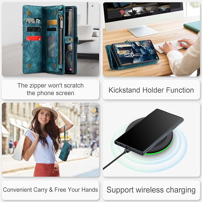 SZHAIYU 2 in 1 Detachable for Samsung Galaxy S23 Ultra Wallet Case with Card Holder, Retro Premium Flip Leather Cover Magnetic Zipper Pocket Phone Cases 6.8'' (Blue,S23 Ultra)