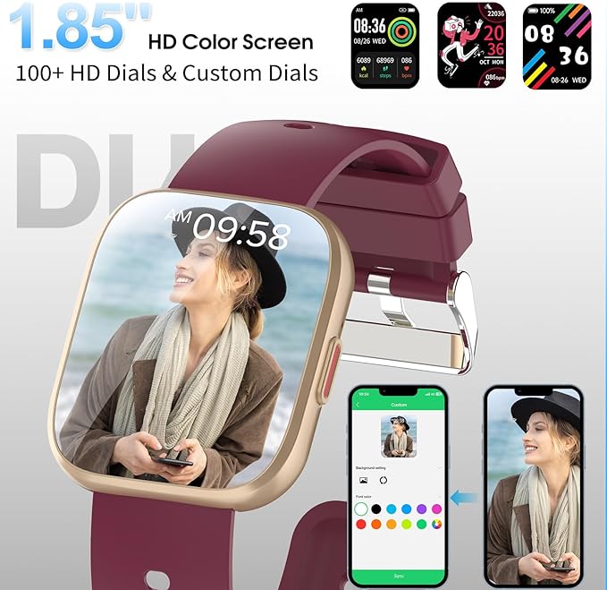 Smart Watch for Men Women Bluetooth Call, 1.85" HD Touch Screen Fitness Watch with Sleep Heart Rate Monitor, 112+ Sports Modes, IP68 Waterproof Activity Trackers for Android iOS, Burgundy