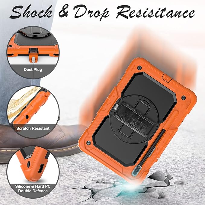 Case for Samsung Galaxy Tab S8/S7 11-inch 5G Tablet Case 2022/2020, [with Tempered Glass Screen Protector], Rotating Kickstand, Hand & Shoulder Strap, S Pen Holder (Orange)
