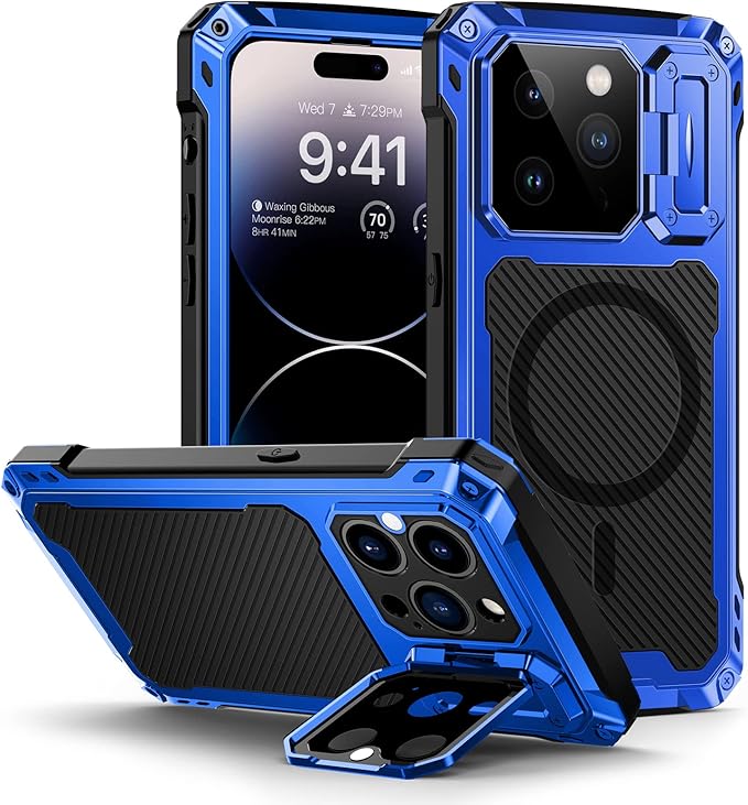 Lanhiem Magnetic for iPhone 14 Pro Metal Case, [Built-in Camera Kickstand & Glass Screen Protector] Heavy Duty Full Body Rugged Protective Military Magsafe Cover for iPhone 14 Pro 6.1" (Blue)
