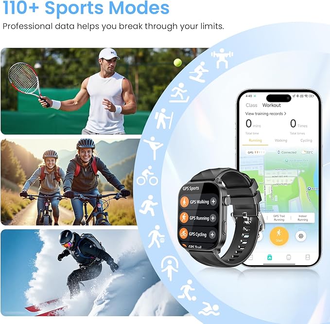 Smart Watch for Men Women Built-in GPS Fitness Tracker, 2.01" HD Touchscreen(Answer/Make Calls), 110+ Sport Modes with Heart Rate/SpO2/Sleep Monitor/, Compass, 1 ATM Waterproof, for Android iOS, Black