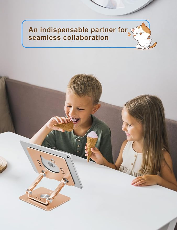 Tablet Stand 360° Rotating Aluminum Holder, Adjustable, Portable and Foldable Monitors Stand for iPads, Compatible with 4-12.9" Tablets, Golden