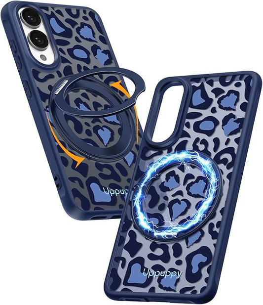for Samsung Galaxy S25 Edge Case with 360° Rotatable Magnetic Ring - Compatible with MagSafe, Semi-Transparent Soft-Touch Material Shockproof, Cute Blue Cheetah Print Design for Women Girl