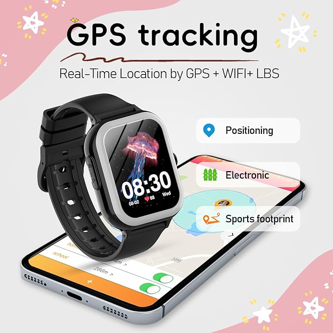 Wonlex 4G GPS Kids Smartwatch with SIM Card, 1.78" AMOLED Large Touch Screen Smart Watch for Kids, Boys Girls Phone Watch with Video Voice Calls, SOS, Camera, Pedometer, Alarm, Game(Black)
