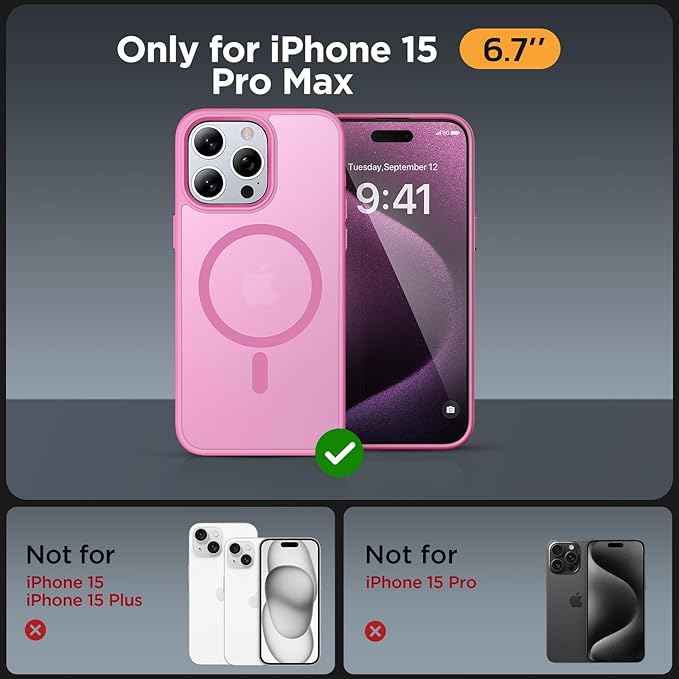 Miracase Magnetic for iPhone 15 Pro Max Case 6.7 inch (Compatible with MagSafe)（with 2X Screen Protectors） Military-Grade Protection, Anti-Fingerprint Translucent Matte Phone Cover, Mes Pink