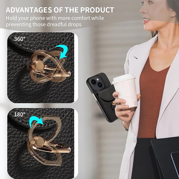 for iPhone 14 6.1 inch Organ Wallet Case with Tempered Glass Screen Ring Buckle Shoulder Strap PU Leather Flip Purse Card Holder Stand Phone Cover for iPhone14 5G i i-Phone i14 14Case Black