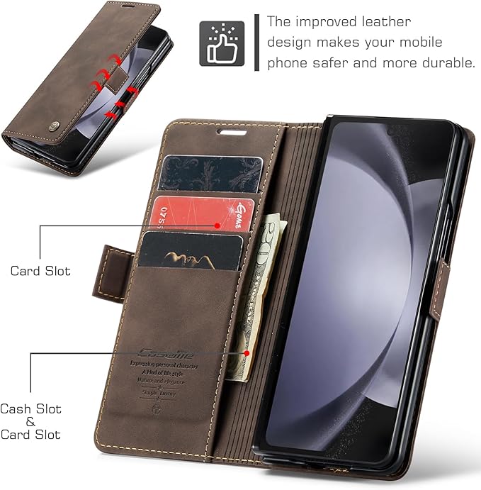 for Samsung Galaxy Z Fold5 Case, Flip Wallet Leather Case with Card Holder Magnetic Closure Shockproof Kickstand Protective Phone Cases Cover for Samsung Galaxy Z Fold5,Coffee
