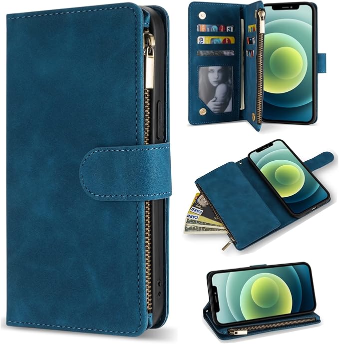 ZZXX for iPhone 12 Mini Wallet Case with Card Slot Premium Soft PU Leather Zipper Flip Folio Wallet with Wrist Strap Kickstand Protective for iPhone 12 Mini Case Wallet(Blue 5.4 inch)