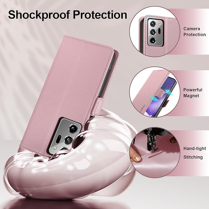 Wallet Flip Case for Samsung Galaxy Note 20 Ultra - [RFID Blocking] Luxury PU Leather Card Holder Magnetic Phone Cover with Kickstand,Shockproof Protective Case,Pink