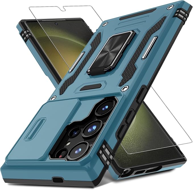 DEERLAMN Case for Samsung Galaxy S25 Ultra with Slide Camera Cover+Screen Protector (1 Pack), Rotated Ring Kickstand Military Grade Shockproof Protective Cover-Light Blue