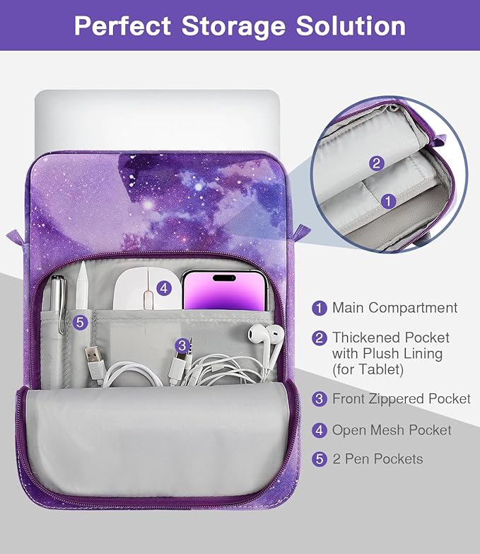 MoKo 13.3-14 Inch Laptop Sleeve Bag Fits MacBook Pro M3/M2 14" 2023,MacBook Pro 13" M2,New MacBook Air 13.6" M3/M2 2024,Tab S8 Ultra 14.6",Handle Carrying Case with Shoulder Strap,Purple Starry Sky
