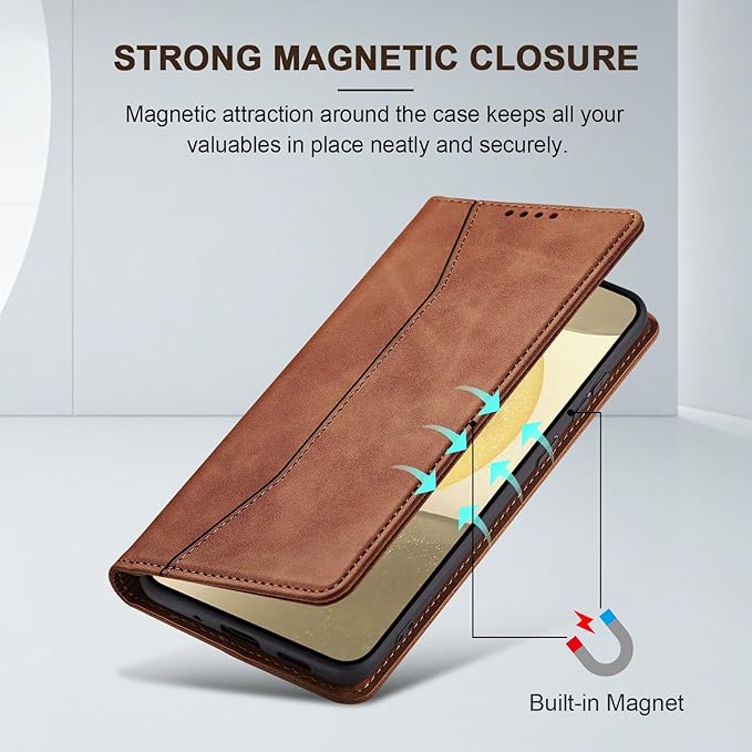 Jasonyu Flip Wallet Case for Samsung S24 5G,Leather Magnetic Folio Cover with Card Holder,Kickstand - TPU Shockproof Durable Protective Phone Case,Brown