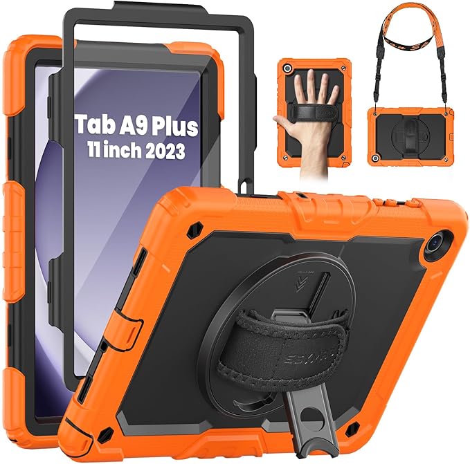 SEYMAC Case for Samsung Galaxy Tab A9+/ A9 Plus 11" (SM-X210/X216/X218), Heavy Duty Shockproof Protective Case with Screen Protector, Rotating Stand, Hand/Shoulder Strap, Orange
