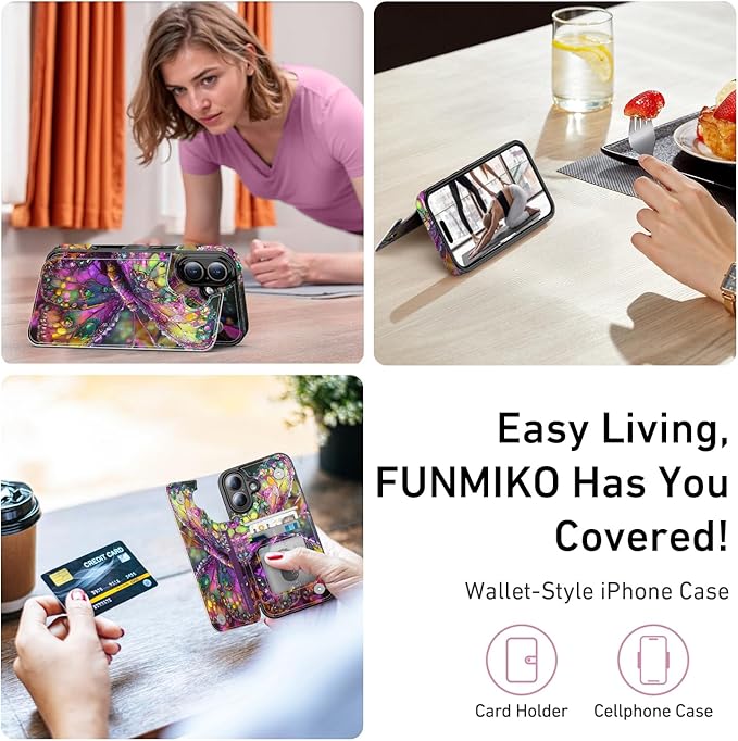FUNMIKO for iPhone 16 Plus Wallet Case with Card Holder, RFID-Blocking, Military-Grade Protection & UV-Printed Artwork, Magnetic Closure with Leather Kickstand - Vibrant Elegant Butterfly