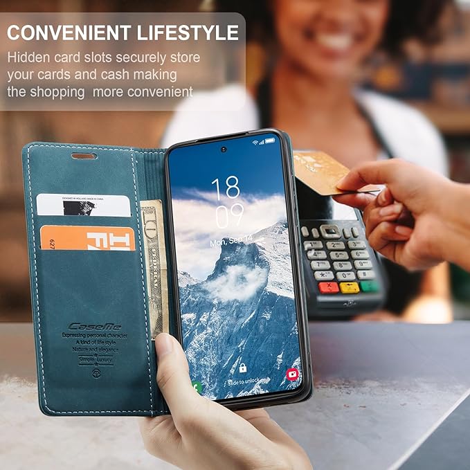 for Samsung Galaxy S24 FE 5G Case, Flip Wallet Leather Case with Card Holder Magnetic Closure Shockproof Kickstand Protective Phone Cases Cover for Galaxy S24 FE, Blue-Green