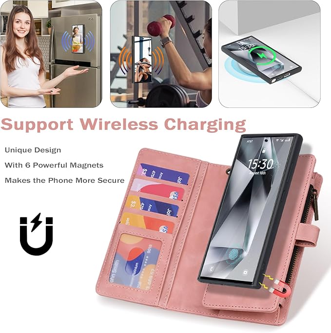TwoHead Wallet Phone Case Compatible with Samsung Galaxy S24 Ultra | Card Holder, Detachable, Magnetic, PU Leather, All-Round Protective, Wrist Strap,Pink