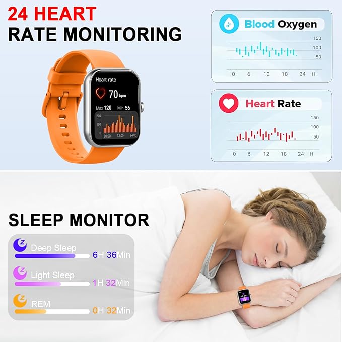 Smart Watch (Answer/Make Calls), 1.96"HD Smartwatch for Men Women 113+ Sport, 2025 Fitness Activity Tracker with Heart Rate Monitor, Sleep Trackers, Pedometer, IP68 Waterproof for Android iOS Orange