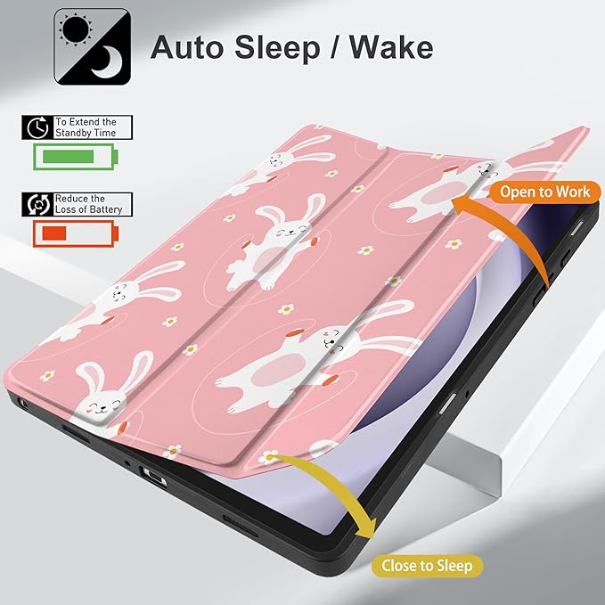 MEEgoodo Case for Samsung Galaxy Tab A9 Plus 11 inch Cover 2024 2023 with S Pen Holder, A9+ Smart Tablet Cases with Leather Trifold Stand+Soft TPU Back Shell+Smart Auto Wake/Sleep,Bunnies Jumping Rope