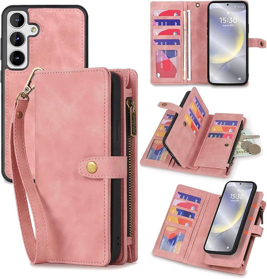 TwoHead for Samsung Galaxy S24 Wallet Case with Card Holder, Detachable Magnetic Phone Case for S24,PU Leather All-Round Protective Phone Case Wallet with Wrist Strap,Pink