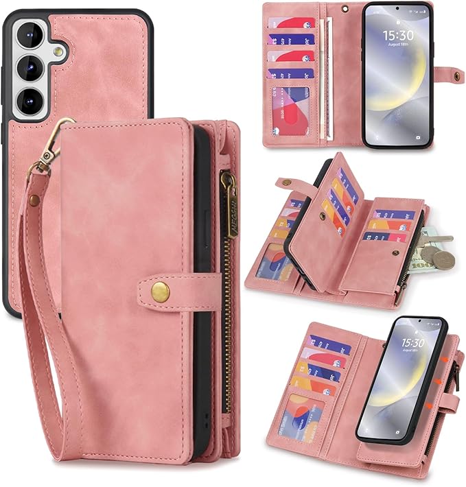TwoHead for Samsung Galaxy S24 Plus Wallet Case with Card Holder, Detachable Magnetic Phone Case for S24 Plus,PU Leather All-Round Protective Phone Case Wallet with Wrist Strap,Pink